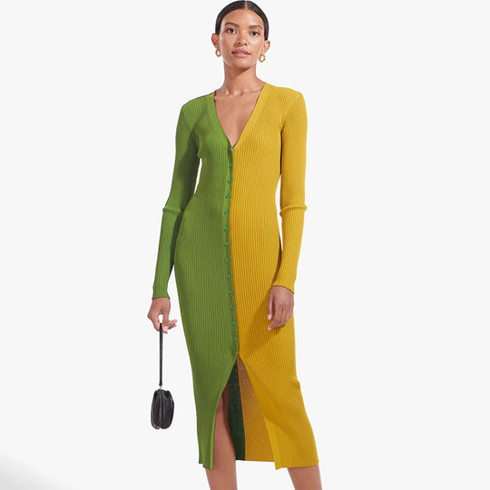 Damen Knopf-Design Maxikleid mit tiefem V-Ausschnitt und Rippstruktur EB