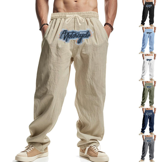 Herren Locker sitzende Leinenoptik-Relaxhose mit elastischem Bund, Kordelzug & Frontprint EB
