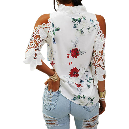 Damen Bluse mit Cut-Out-Ärmeln und floralem Design EB