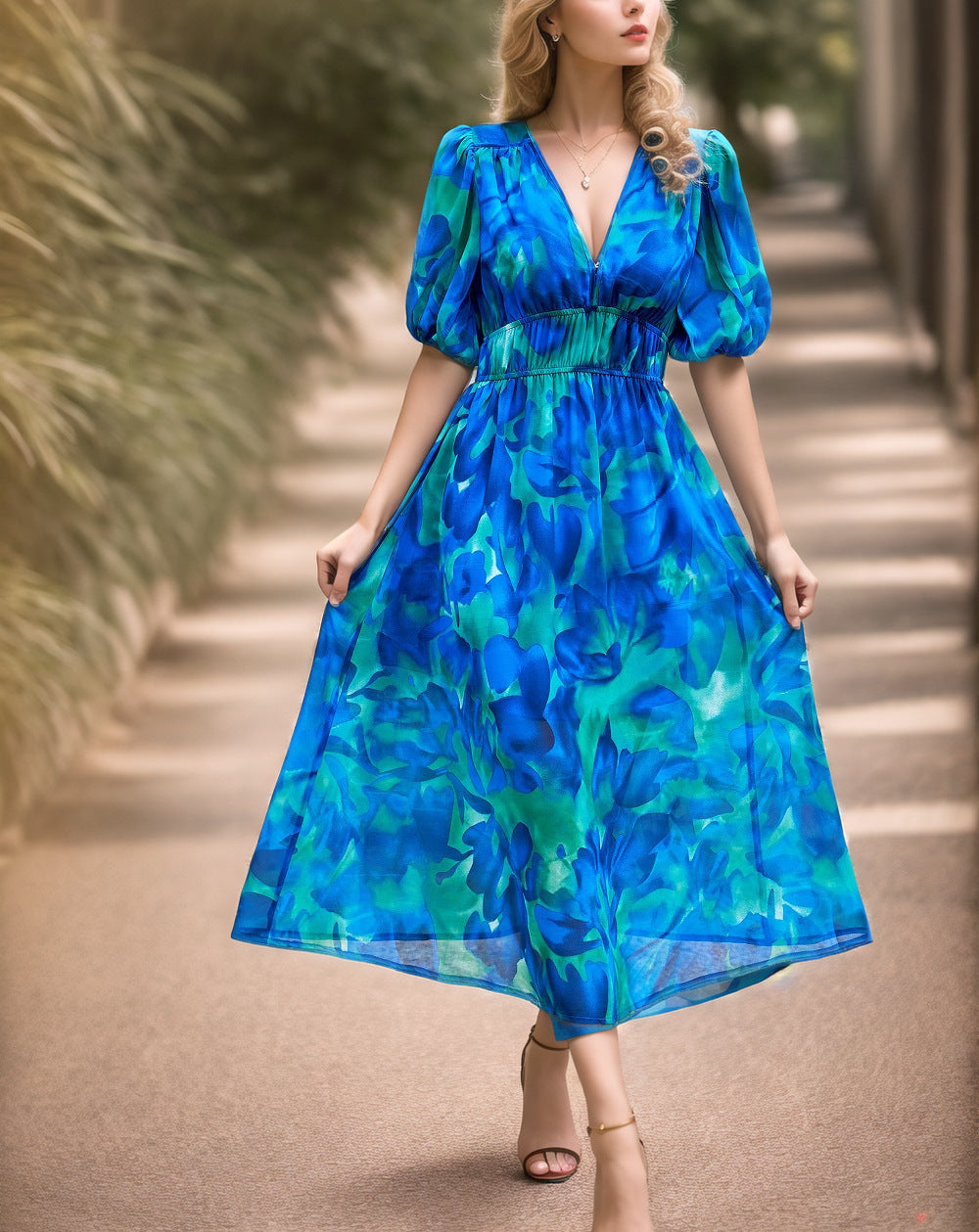 Damen Maxikleid mit voluminösen Puffärmeln und fließendem Rock Heidi-Mode