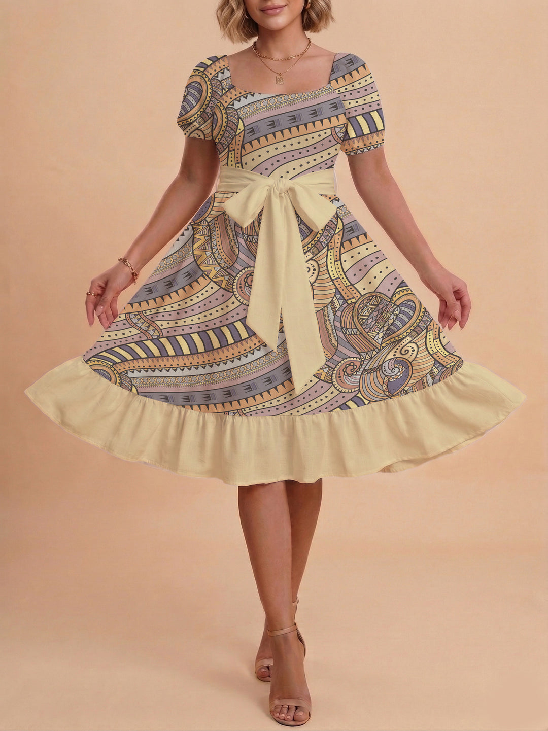 Damen elegantes Maxikleid mit floralem Design und Taillengürtel EB