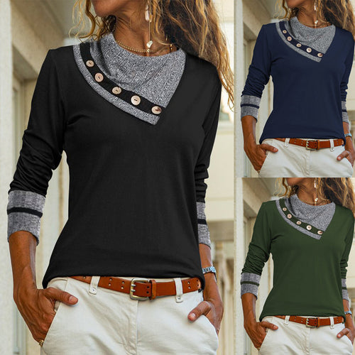 Damen modisches Longsleeve-T-Shirt mit Kragen und Knöpfen EB