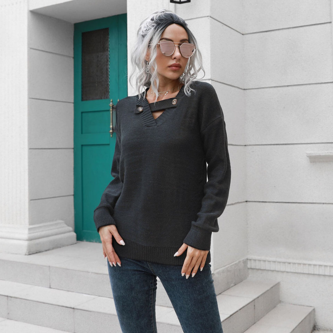 Damen Strickpullover mit einzigartigem V-Ausschnitt und eleganten Knopfdetails EB