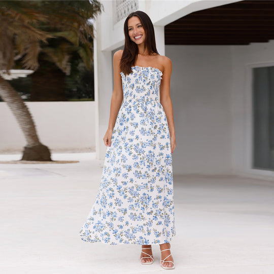 Damen Maxikleid mit schulterfreiem Design und verspieltem Blumenmuster EB