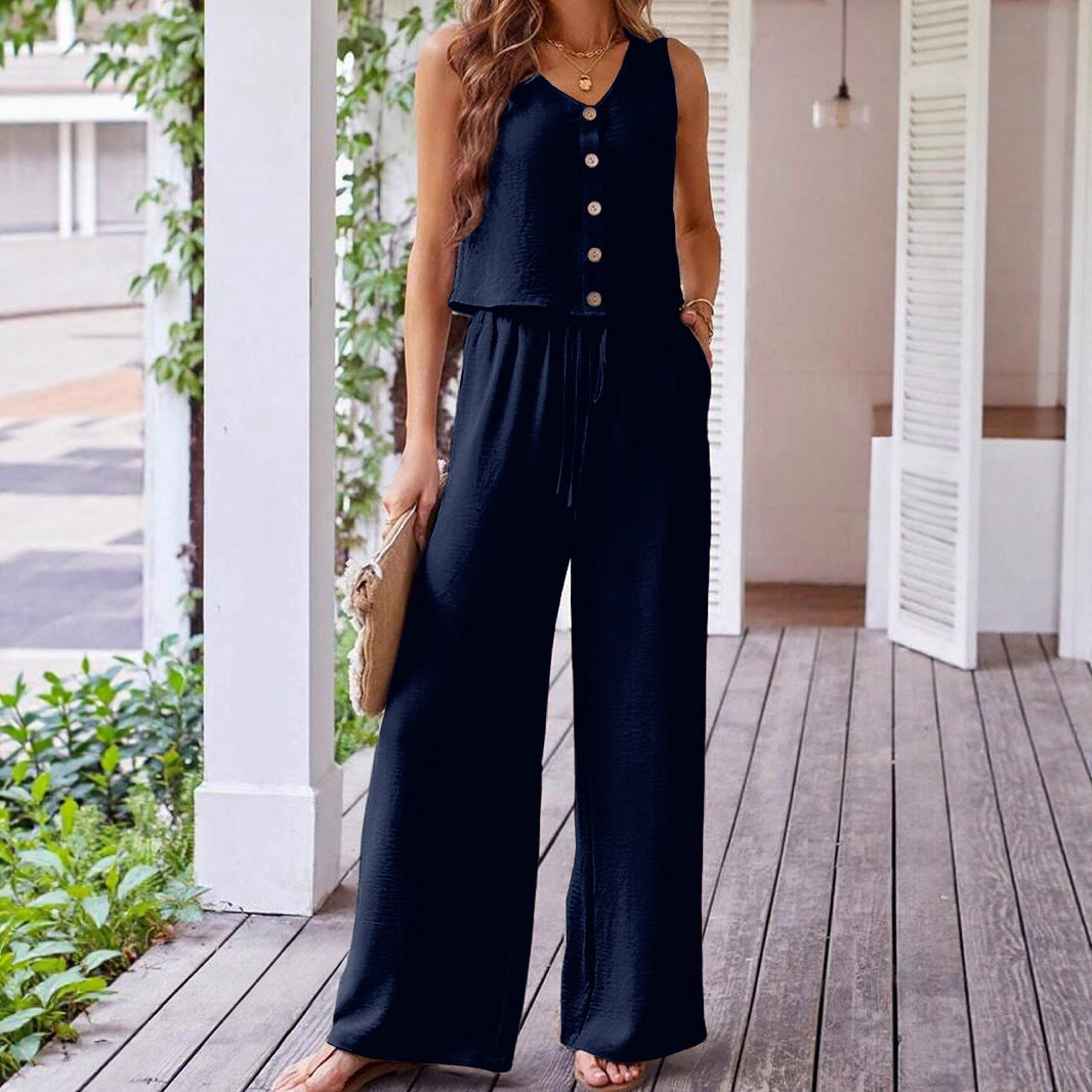 Damen Jumpsuit mit Knopf und weitem Bein EB