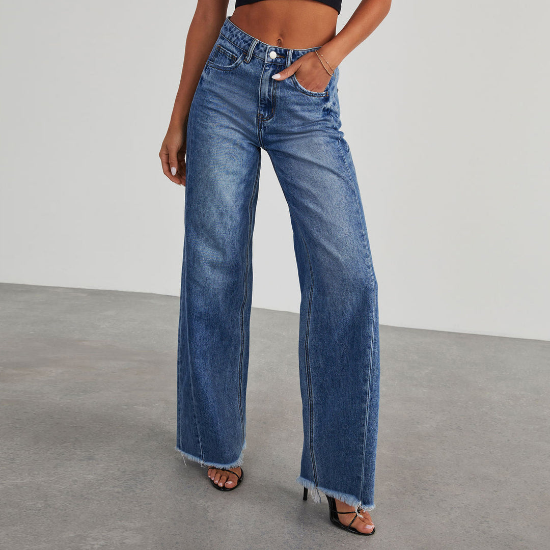 Damen Hochtaillierte Mom-Jeans im klassischen Schnitt mit ausgefranstem Saum EB