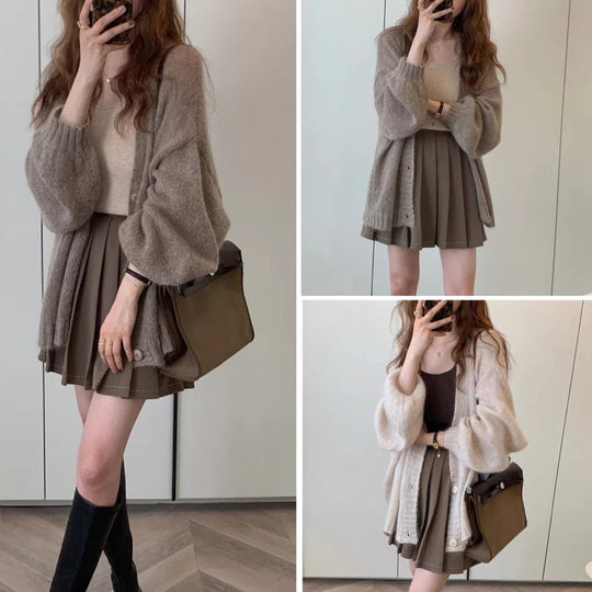 Damen gemütliche Strickjacke mit voluminösen Ärmeln EB