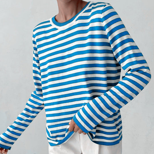 Damen nan gestreifter Baumwollpullover mit Rundhals und legerer Passform EB