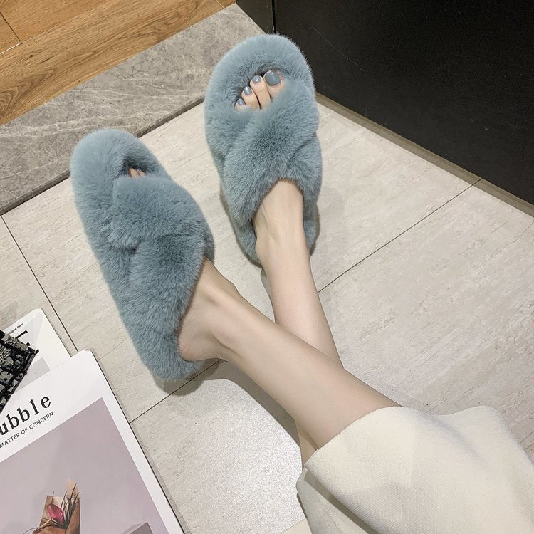 Damen Flauschige Hausschlappen mit gewendeten Riemen und ergonomischem Fußbett EB