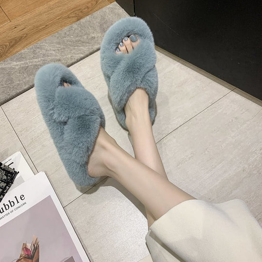 Damen Flauschige Hausschlappen mit gewendeten Riemen und ergonomischem Fußbett EB