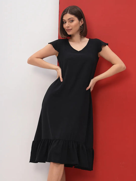 Damen Midi-Kleid mit modischem V-Ausschnitt und Rüschensaum EB