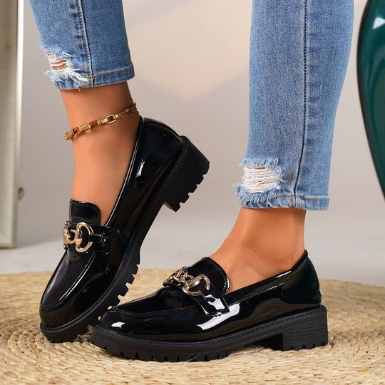 Damen nan elegante Lack-Plateau-Loafer mit dekorativer Schleife und profilierter Gummisohle EB
