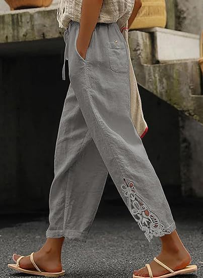 Damen luftige Leinenhose mit dekorativen Stickereien EB