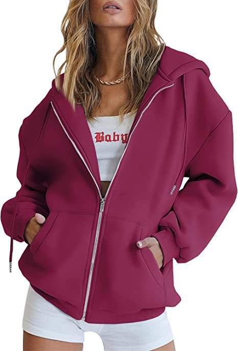 Damen nan oversized Kapuzenjacke mit durchgehendem Reißverschluss Kängurutaschen und weichem Sweatmaterial EB