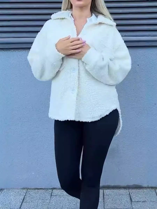 Damen Teddyjacke mit modischen Taschen und Knopfverschluss EB