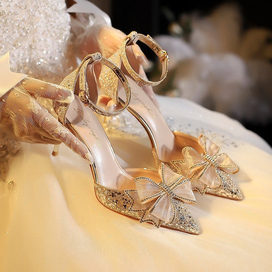 Damen elegante High-Heels mit funkelndem Strass und Schleifenakzent EB
