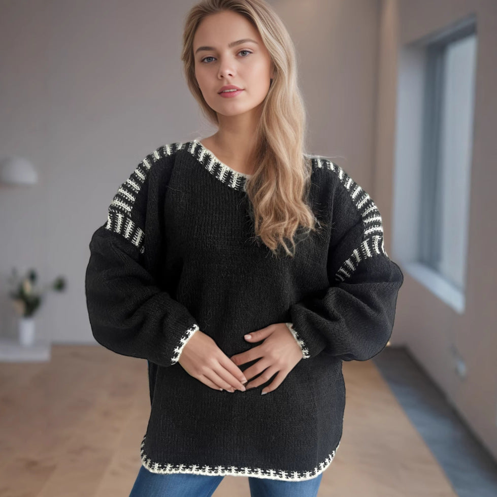 Damen lässiger Oversized-Pullover mit modischem Streifenmuster und strukturiertem Design EB