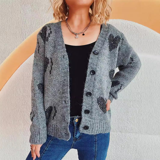 Damen gestrickte Cardigan mit Herzmuster und Knopfdetails EB