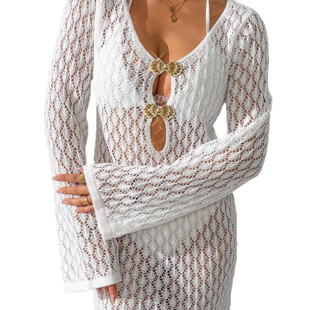 Damen Häkel-Strandkleid mit tiefem V-Ausschnitt und eleganten Knöpfen EB
