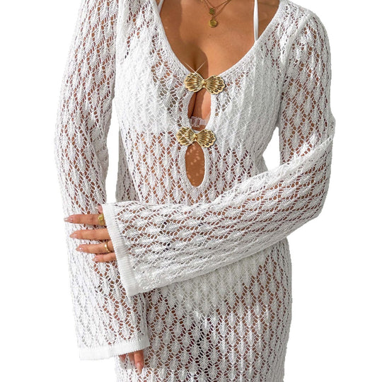 Damen Häkel-Strandkleid mit tiefem V-Ausschnitt und eleganten Knöpfen EB