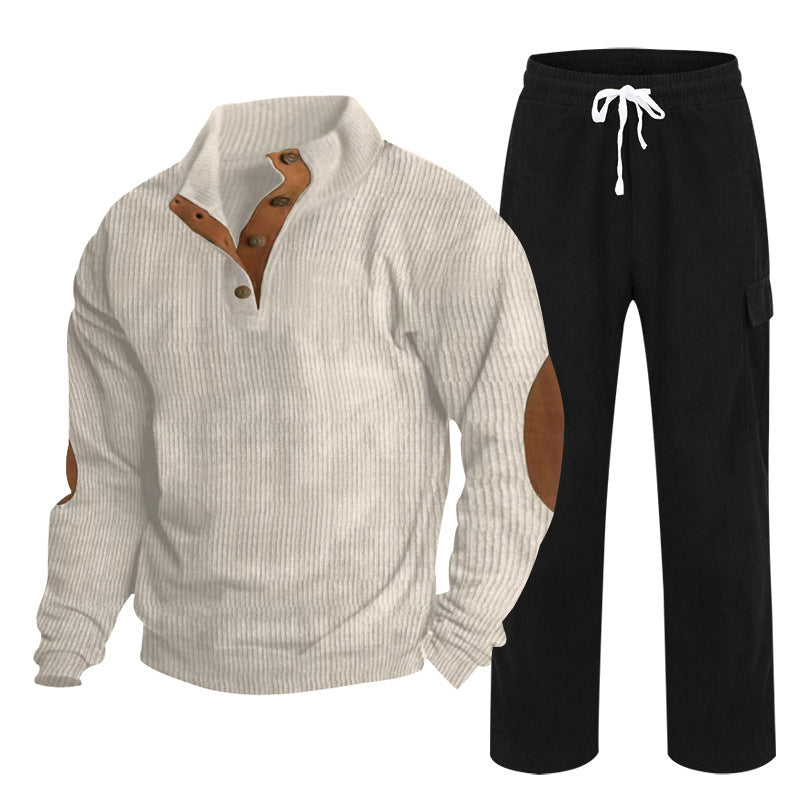 Herren nan Strick-Freizeitset mit Knopfleiste und Ellenbogenaufnähern sowie Cord-Cargohose EB