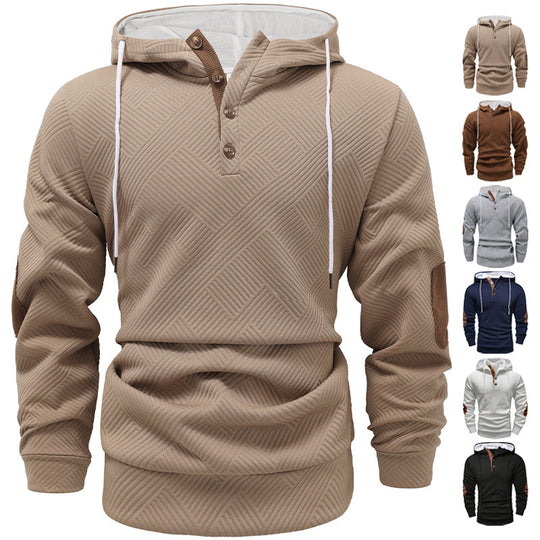 Herren nan strukturierter Kapuzenpullover im Henley-Stil mit Kontrastbesatz und Ellenbogenaufnähern EB