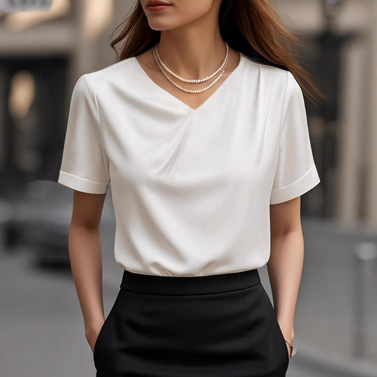 Damen Elegantes V-Ausschnitt Blusenshirt mit kurzärmeligen Design EB
