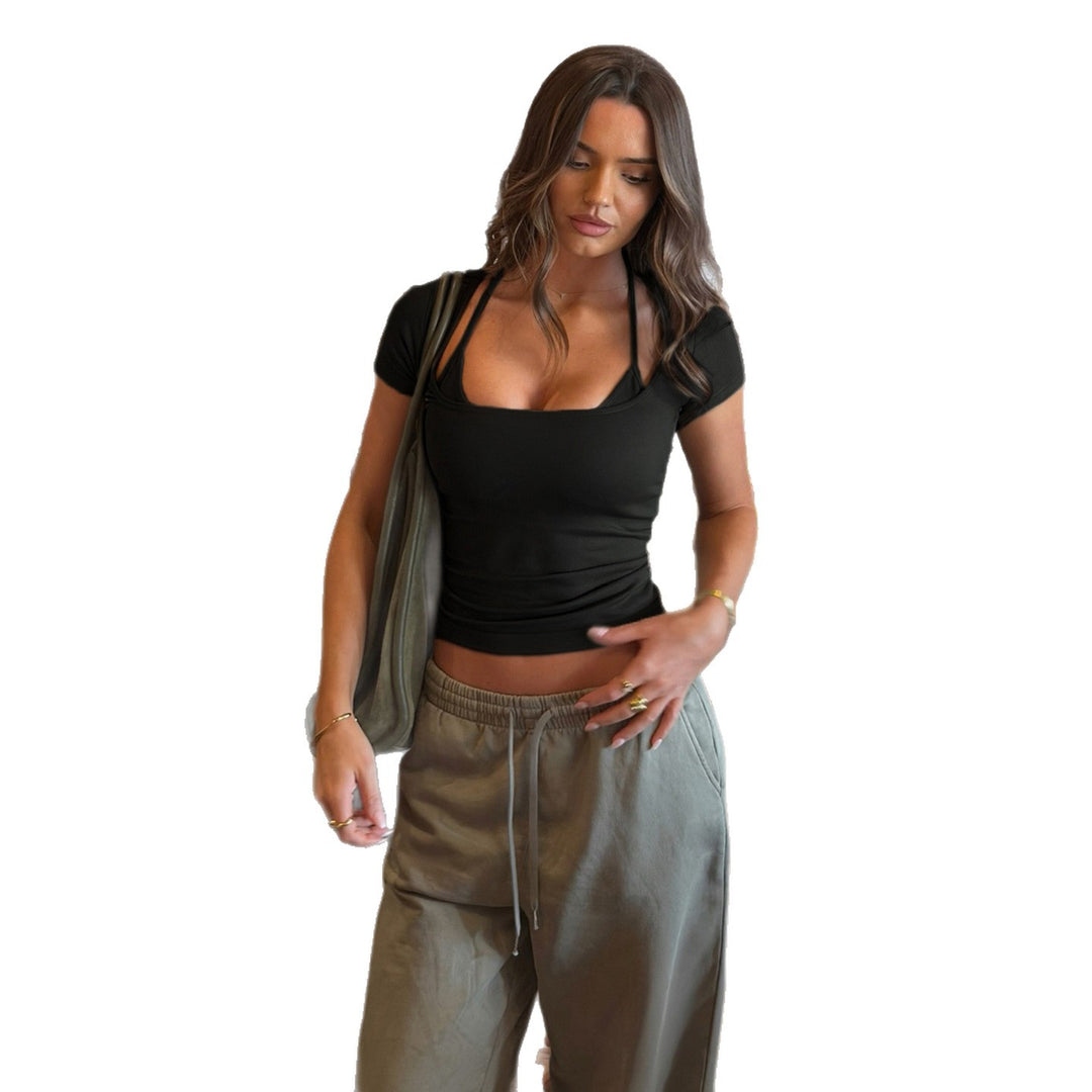 Damen nan figurbetontes Langarm-Top mit Neckholder-Bindung und eckigem Ausschnitt EB
