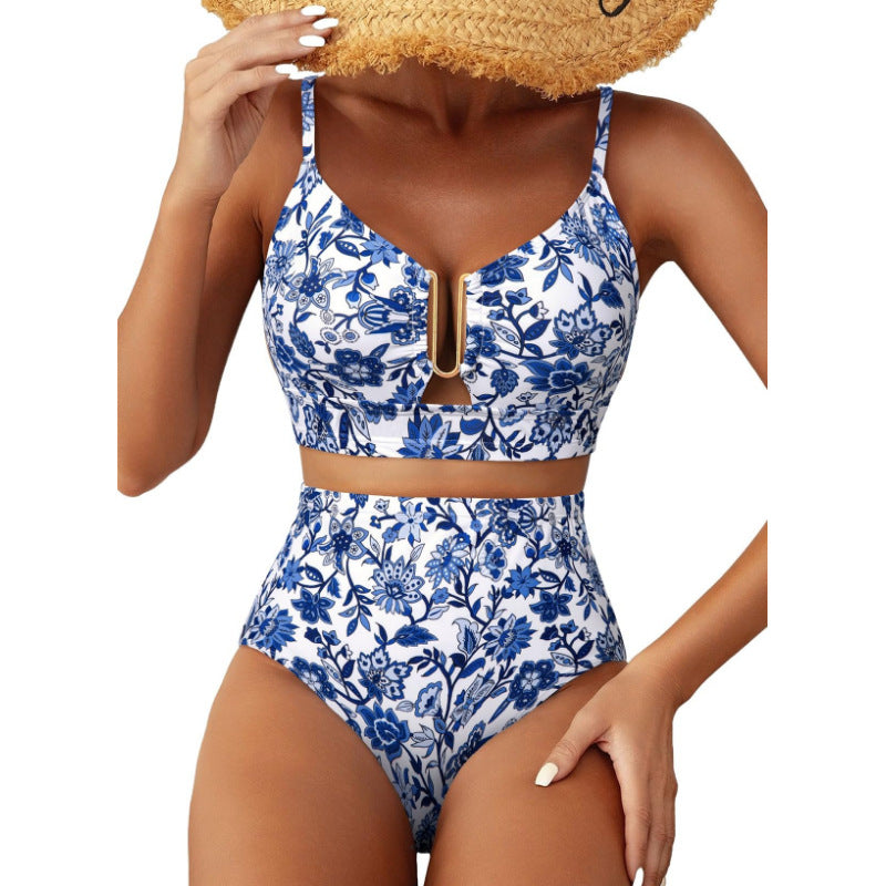 Damen Hoch geschnittener Bikini mit floralem Muster und Leo-Print EB
