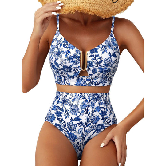 Damen Hoch geschnittener Bikini mit floralem Muster und Leo-Print EB
