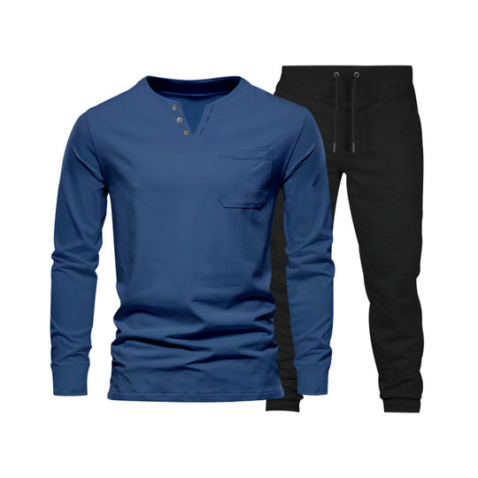 Herren Langarm‑Henley Loungewear‑Set mit Brusttasche und tapered Jogginghose EB