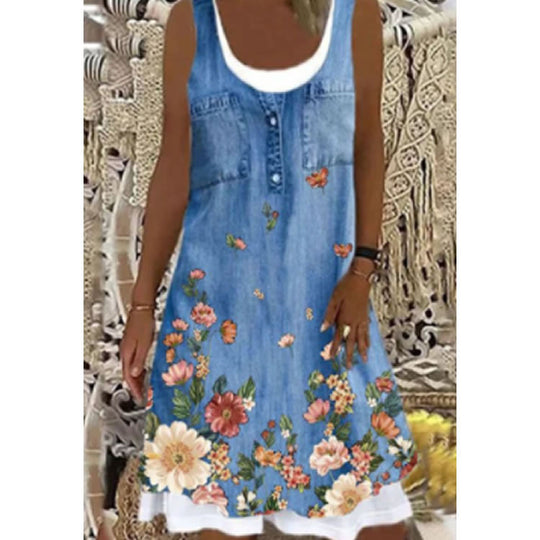 Damen Jeanskleid mit floralem Design und Knopfleiste EB
