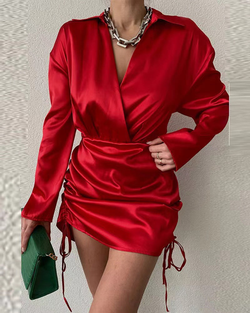 Damen Elegantes Wickelkleid mit langem Arm und verstellbarem Saum EB