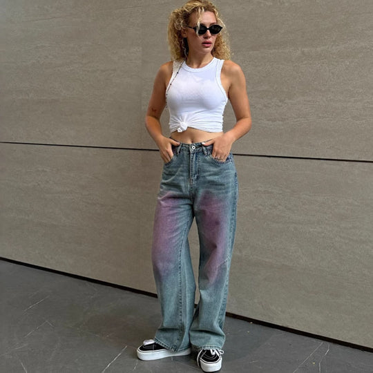 Damen Wide-Leg Jeans mit farbverlaufendem Design und hohem Bund EB
