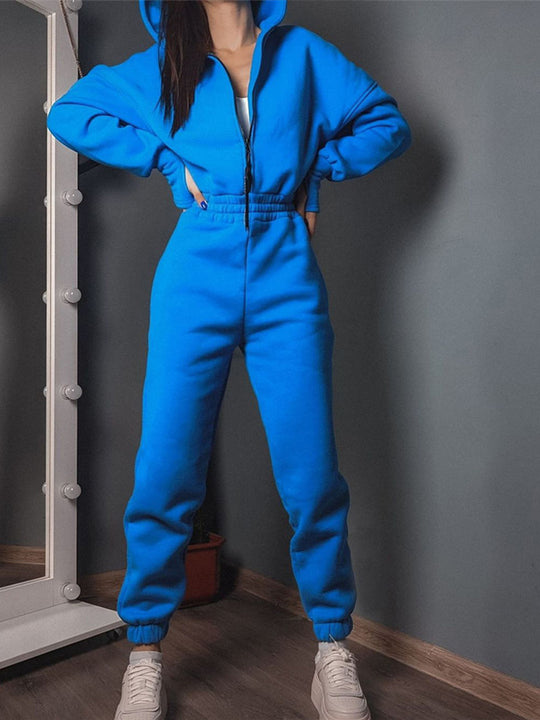 Damen Taillierter Kapuzen-Sweat-Jumpsuit mit Reißverschluss und elastischem Taillenbund EB