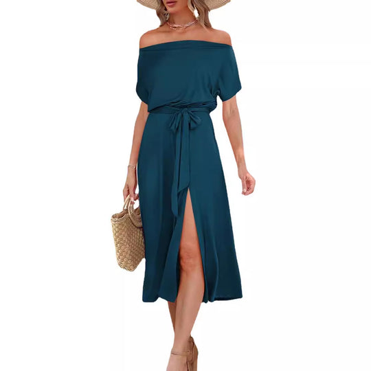 Damen Off-Shoulder Maxikleid mit Taillengürtel und seitlichem Schlitz EB