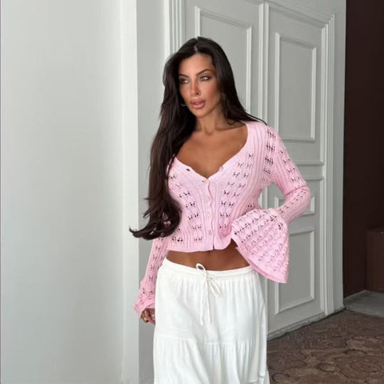 Damen Stylische Strickjacke mit V-Ausschnitt und Schlagärmeln EB