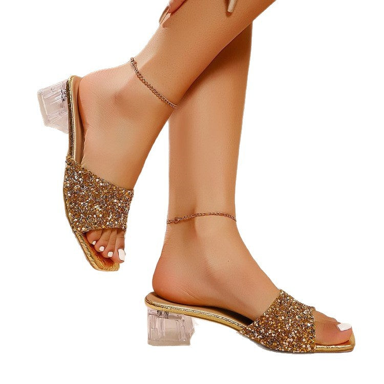 Damen Glamouröse Glitzersandalen mit transparentem Blockabsatz EB