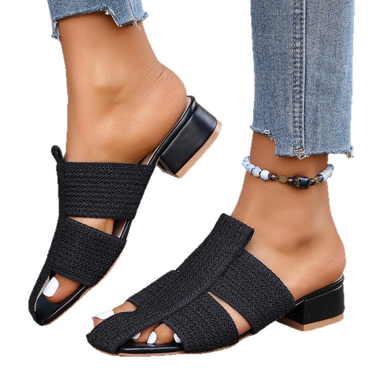 Damen offene Mules mit Blockabsatz und verzierten Riemen EB