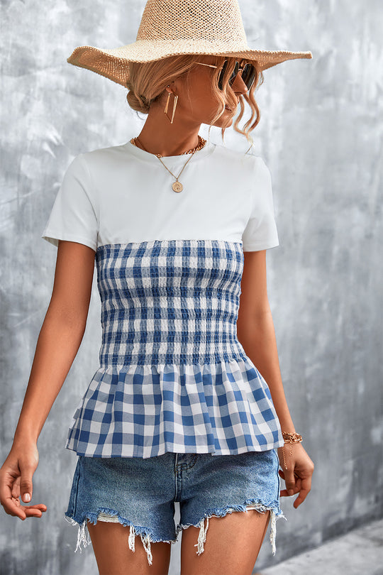 Damen Peplum-Oberteil mit kariertem Stoff und elastischer Taillierung EB