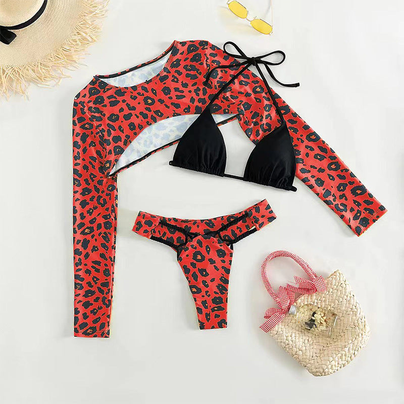 Damen Bikini-Set mit langärmligem Oberteil und modernem Animal-Print EB