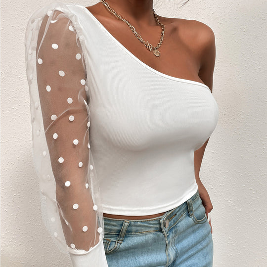 Damen elegantes Oberteil mit asymmetrischem Schnitt und transparenten Puffärmeln EB