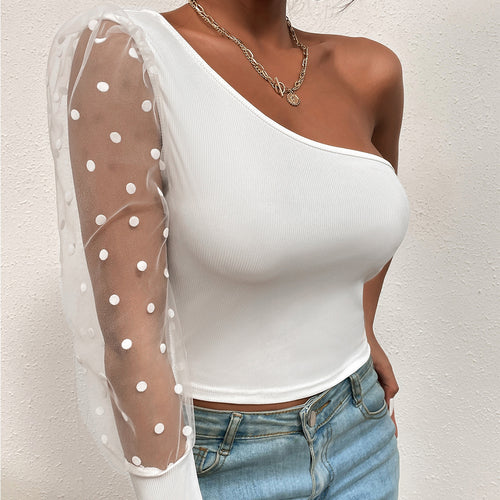 Damen elegantes Oberteil mit asymmetrischem Schnitt und transparenten Puffärmeln EB