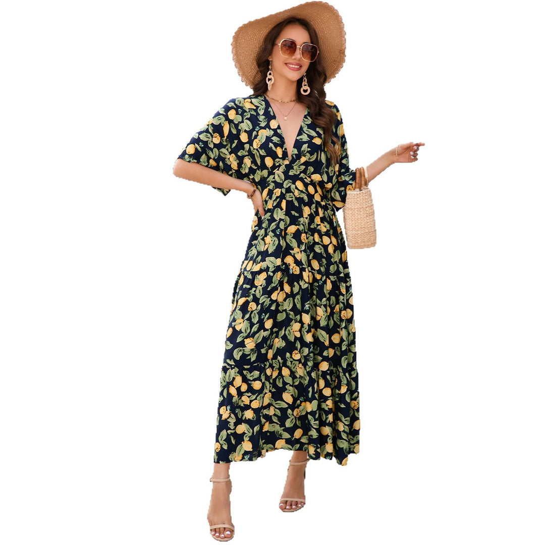 Damen Maxikleid mit elegantem V-Ausschnitt und floralen Design EB