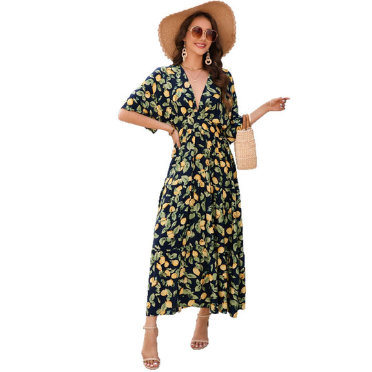 Damen Maxikleid mit elegantem V-Ausschnitt und floralen Design EB