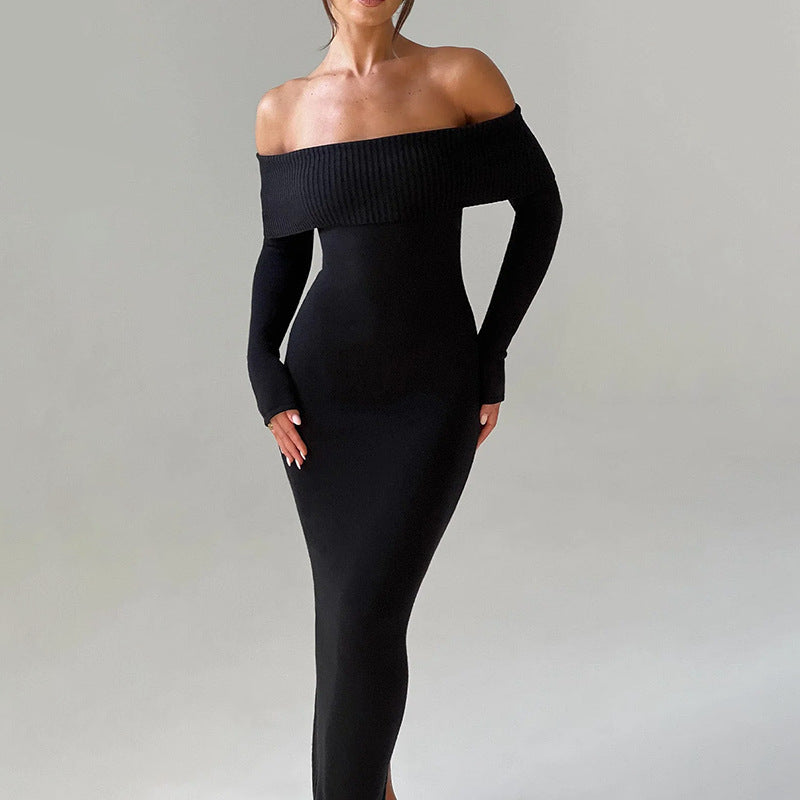 Damen schulterfreies Maxikleid mit langem Arm und elegantem Schnitt EB