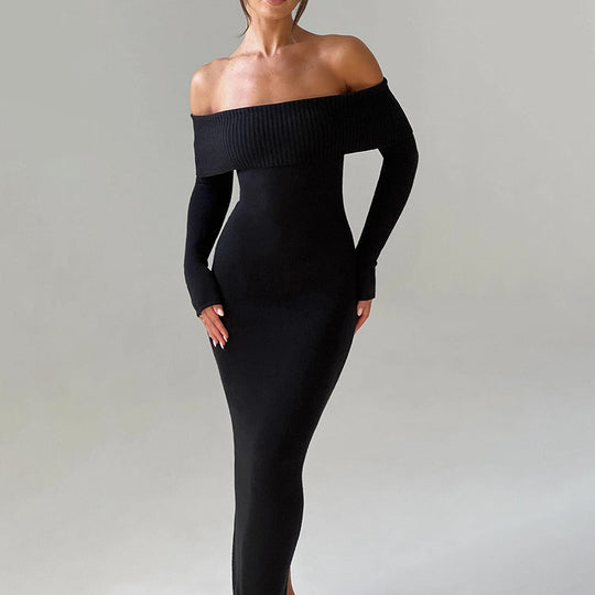 Damen schulterfreies Maxikleid mit langem Arm und elegantem Schnitt EB