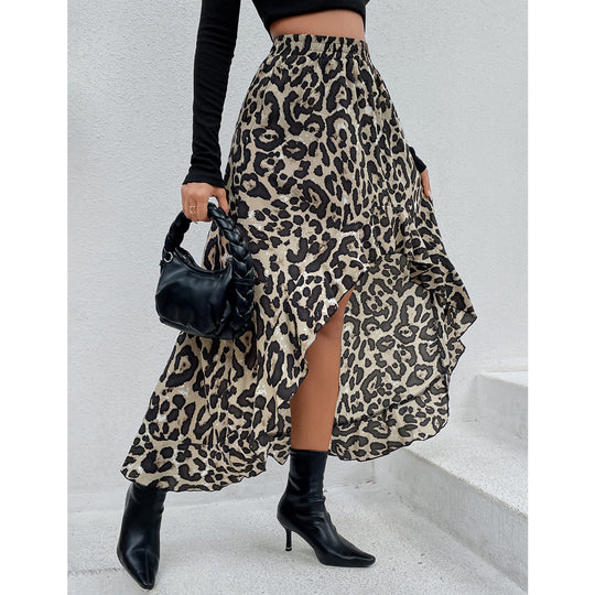 Damen Asymmetrischer Maxi-Rock mit aufregendem Leopardenmuster und Rüschendetails EB