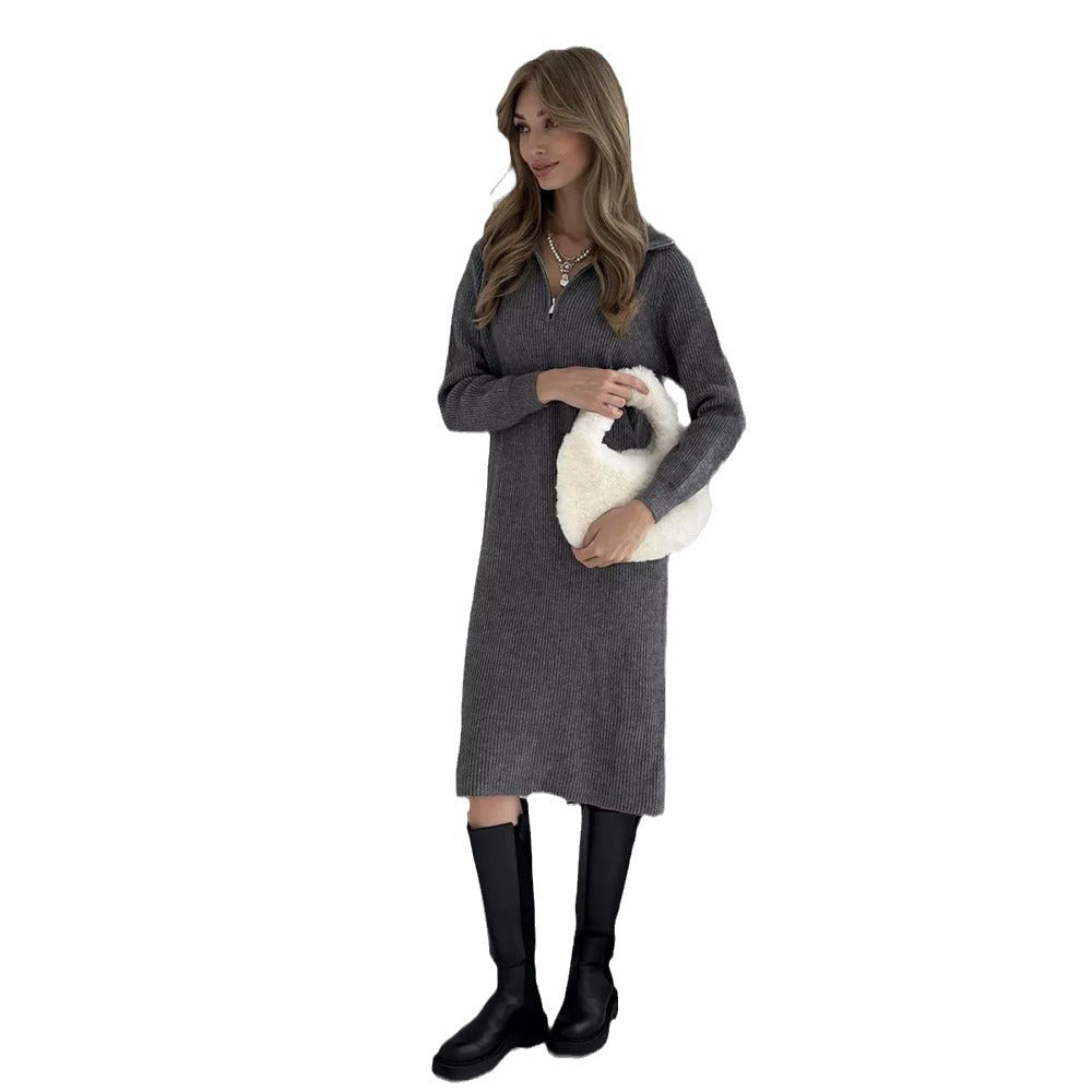 Damen Strickkleid mit Stehkragen und durchgehendem Reißverschluss EB