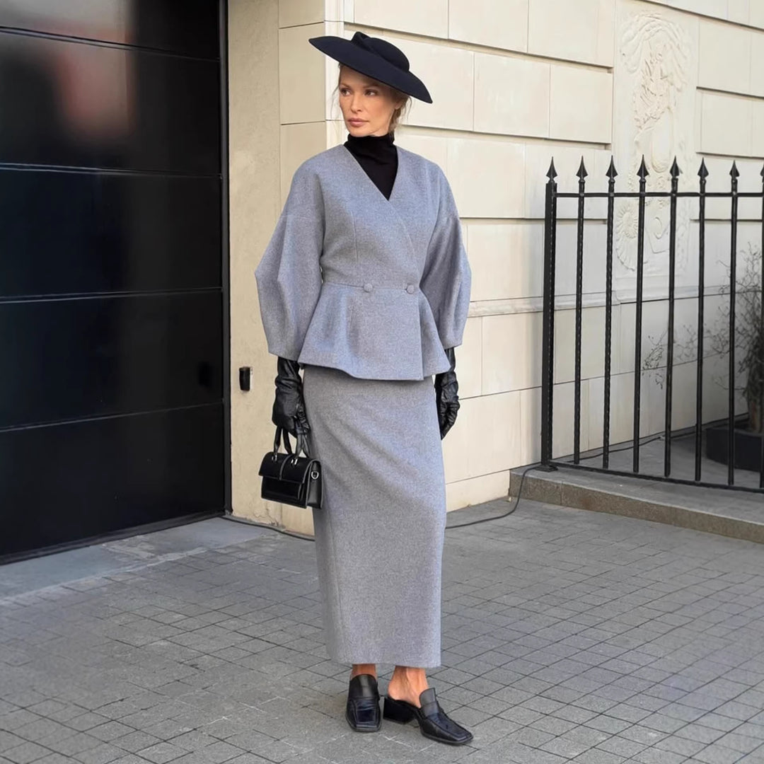 Damen Elegantes Bleistiftkleid mit schickem Blazer-Oberteil und Puffärmeln EB